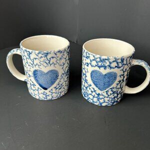 Pair of Vintage Gibson Blue Spongeware Heart Ceramic Mugs